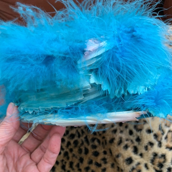 Vintage Silk Fabric Hat with Marabou Feathers Bright Blue - Picture 2 of 12